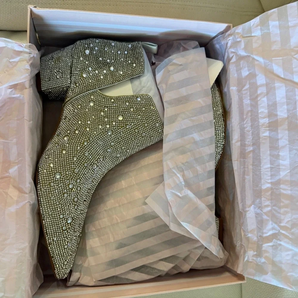 NEW Kate Whitcomb Brit Sparkly Rhinestone Boot Bootie Block High Heel Shoe Pearl